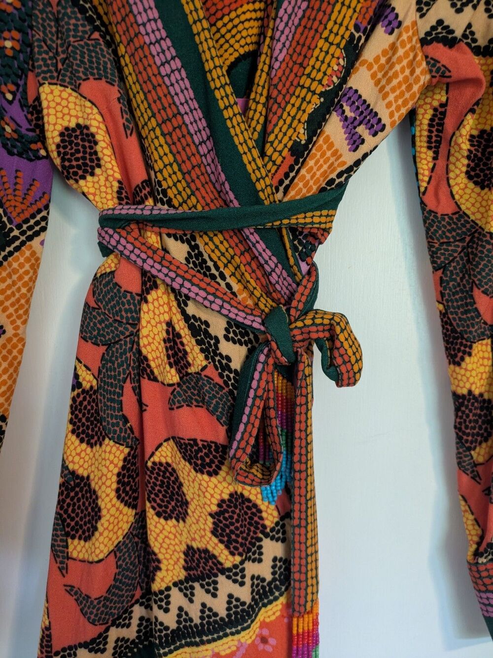Farm Rio Dotted Patch Scarf Mini Wrap Dress S Orange Multi Boho Tassel New - Picture 6 of 13